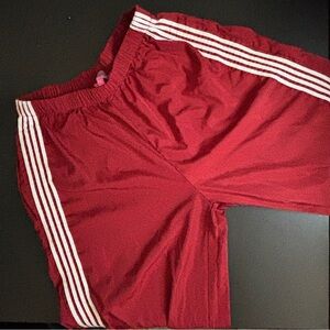 Red Edikted Track Pants with White Stripes